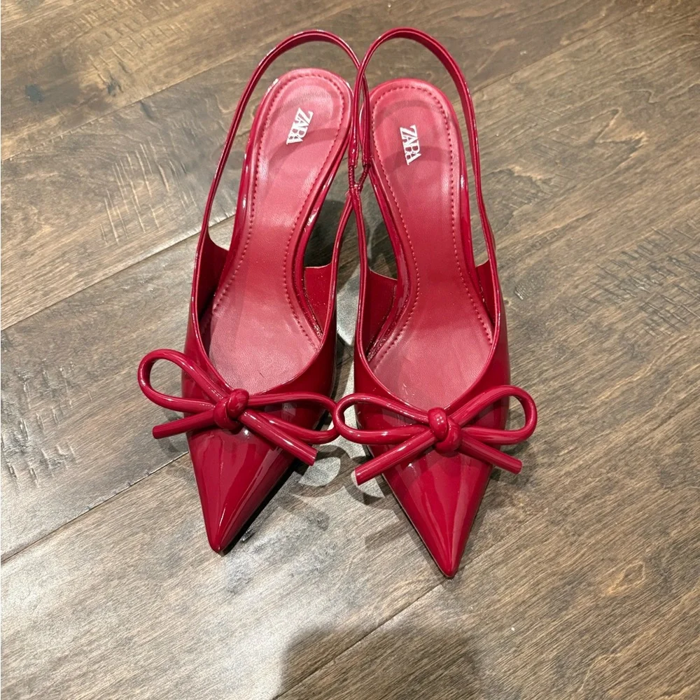 ZARA Red Patent Slingback Heels with Bow Detail – Size 7 - Picture 3 of 6